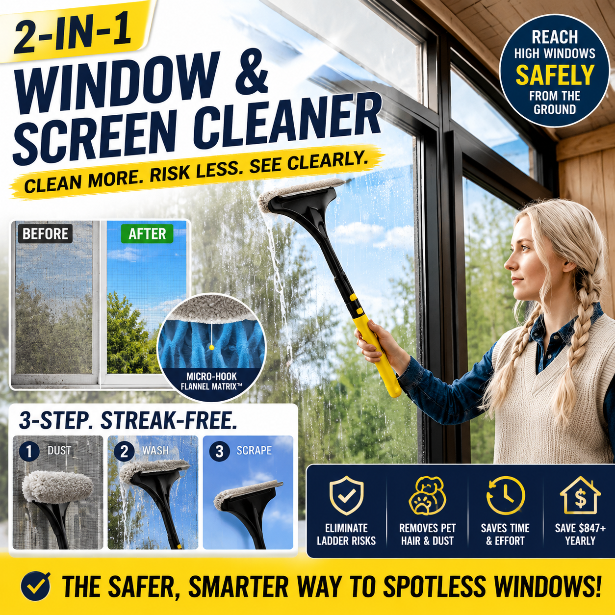 2-in-1 Window Screen Cleaner – Safely Clean High Windows & Remove Pet Hair in Minutes